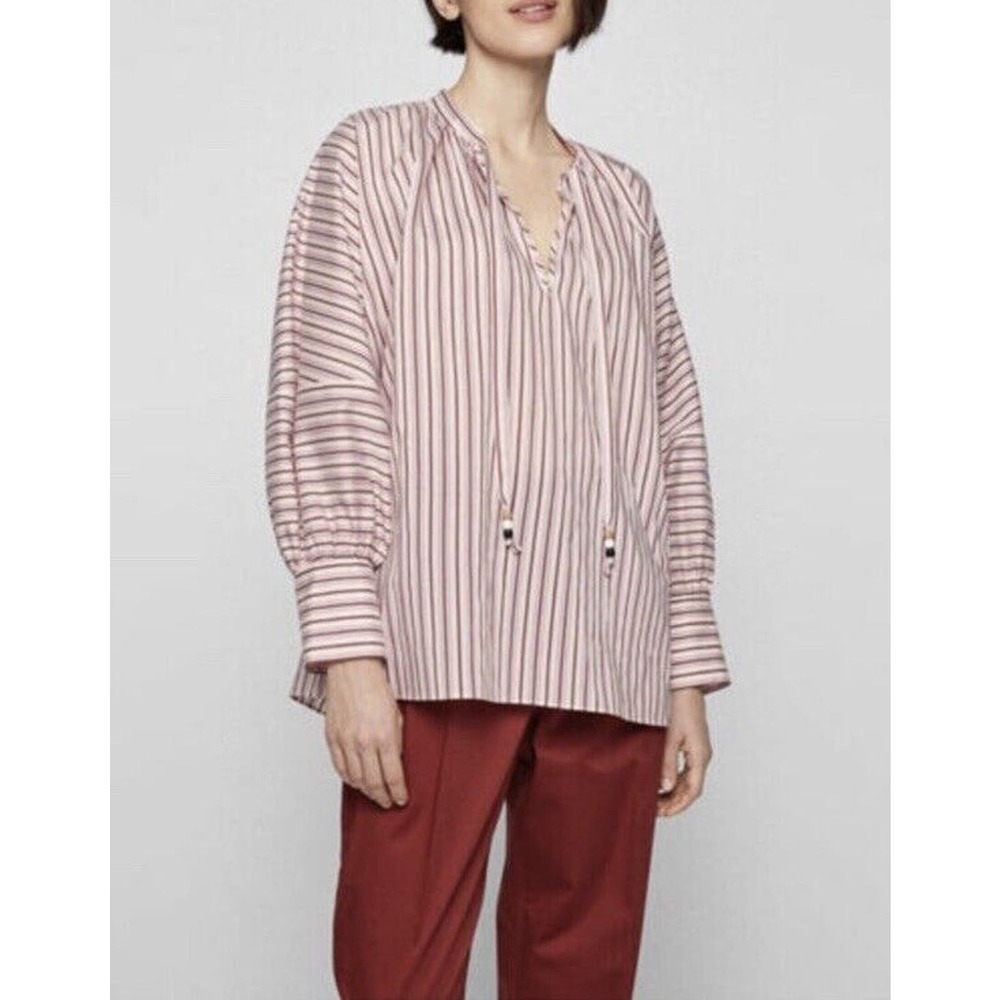 NEW BOSS Striped Bateco Shirt Top Tie Neck Long Sleeve Women's US 6